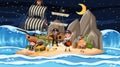 Treasure Island scene at night with Pirate kids Royalty Free Stock Photo