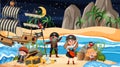 Treasure Island scene at night with Pirate kids on the ship Royalty Free Stock Photo