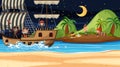 Treasure Island scene at night with Pirate kids on the ship Royalty Free Stock Photo