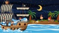 Treasure Island scene at night with Pirate kids on the ship Royalty Free Stock Photo