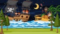 Treasure Island scene at night with Pirate kids on the ship Royalty Free Stock Photo