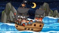 Treasure Island scene at night with Pirate kids on the ship Royalty Free Stock Photo