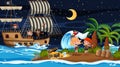 Treasure Island scene at night with Pirate kids on the ship Royalty Free Stock Photo