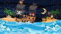 Treasure Island scene at night with Pirate kids on the ship Royalty Free Stock Photo