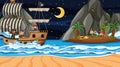 Treasure Island scene at night with Pirate kids on the ship Royalty Free Stock Photo