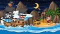 Treasure Island scene at night with Pirate kids on the ship Royalty Free Stock Photo