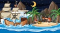 Treasure Island scene at night with Pirate kids on the ship Royalty Free Stock Photo