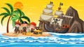 Treasure Island scene at sunset time with Pirate kids Royalty Free Stock Photo