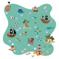 Treasure map children game. Palm island, volcano and pirate ships in ocean. Sea adventures kids board play. Nowaday