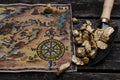 Treasure map and gold. Royalty Free Stock Photo