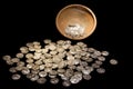 Treasure pot with ancient gold and silver coins money