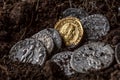 A treasure of Roman gold and silver coins.Trajan Decius. AD 249-251. AV Aureus.Ancient coin of the Roman Empire.Authentic silver