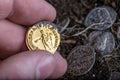 A treasure of Roman gold and silver coins.Trajan Decius. AD 249-251. AV Aureus.Ancient coin of the Roman Empire.Authentic silver