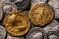 A treasure of Roman gold and silver coins.Trajan Decius. AD 249-251. AV Aureus.Ancient coin of the Roman Empire.Authentic silver