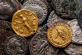 A treasure of Roman gold and silver coins.Trajan Decius. AD 249-251. AV Aureus.Ancient coin of the Roman Empire.Authentic  silver Royalty Free Stock Photo