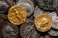 A treasure of Roman gold and silver coins.Trajan Decius. AD 249-251. AV Aureus.Ancient coin of the Roman Empire.Authentic  silver Royalty Free Stock Photo
