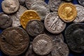 A treasure of Roman gold and silver coins.Trajan Decius. AD 249-251. AV Aureus.Ancient coin of the Roman Empire.Authentic silver