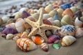 a treasure trove of colorful shells and starfish on a beach