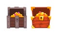 Treasure Wooden Brown Chests Set, Opened Old Pirate Dower Chest with Gold Cartoon Vector Illustration