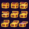 Treasure wooden chest, golden coins and cups. Jewels chests, cartoon adventure elements. Pirates game objects, boxes Royalty Free Stock Photo