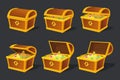 Treasures chest animation. Treasure box animated frames, golden treasurer locker opening, gold money ancient wood case Royalty Free Stock Photo