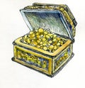 Treasures in the chest. An open chest with coins. How to find the treasure. Royalty Free Stock Photo