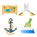 Treasures pirate adventures toy accessories icons vector set.