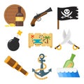 Treasures pirate adventures toy accessories icons vector set.