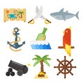 Treasures pirate adventures toy accessories icons vector set.
