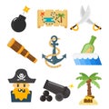 Treasures pirate adventures toy accessories icons vector set.