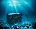 Treasures on the seabed. Sunken chest with gold and ship under water 3d illustration Royalty Free Stock Photo