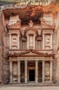 The Treasury Building of Petra, Jordan carved out of the sandstone cliffs.