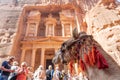 Treasury temple in Petra Jordan with camel foreground. Travel, arab culture and Middle East concept Royalty Free Stock Photo