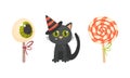 Treat and Candy on Stick and Black Cat as Halloween Holiday Symbol Vector Set