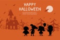 Treat or trick halloween background. Cute kids silhouette in pumpkin and witch costume, happy ghost and devil, monster Royalty Free Stock Photo