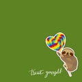 Treat yourself. Card banner template. Hand drawn calligraphy. funny and cute smiling Three-toed sloth with bright lollipop on