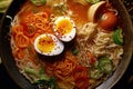 Scrumptious Close-Up Photo capturing the Essence of a Ramen Bowl with a Halved Boiled Egg