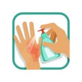 Treating hand injury with antiseptic. Home care treatment. First-degree burn. Flat vector design element for infographic Royalty Free Stock Photo