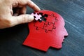 Treating mental illness and memory problems. The hand puts a piece of the puzzle on the shape of the head. Royalty Free Stock Photo