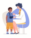 Orthopedist examines child`s injured hand. Pediatric orthopedic traumatology. Characters in colored flat vector illustration isola