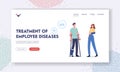 Treatment of Employee Diseases Landing Page Template. Sick Leave, Healthcare Therapy. Characters with Orthopedic Bandage