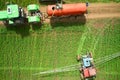 Treatment of the field with herbicides. Top view of special equipment replenishing the supply of chemical reagent. Shooting from a