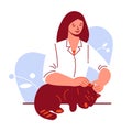 Treatment, pet care concept. A young woman veterinarian examines the cat's ears for an ear mite. Vector illustrations in Royalty Free Stock Photo