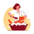 Treatment, pet care concept. Young woman veterinarian washes the cat. Vector illustration in flat cartoon style.