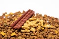 Treats for cats meat sticks sausages and catnip cookies. Royalty Free Stock Photo