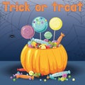 Treats, sweets for Halloween, in a pumpkin, with the text sweet or nasty. Vector color illustration. for postcards