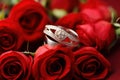 Treble chef roses bouquet and wedding ring. Generate Ai Royalty Free Stock Photo