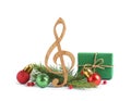 Treble clef with decorations isolated on . Christmas music concept