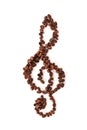 Treble clef made of coffee beans on white background.