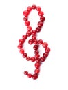 Treble clef made of cranberries on white background. Musical notes